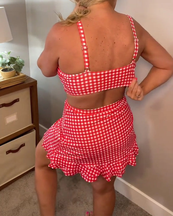 Baddräkt med avslappnad, rutigt tryck och band i två delar