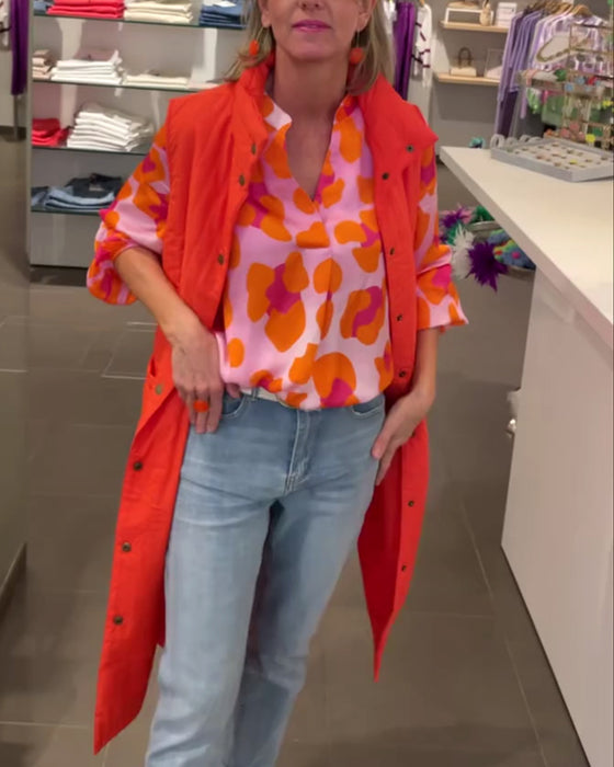 Tryckt V-ringad lanternanärm avslappnad topp