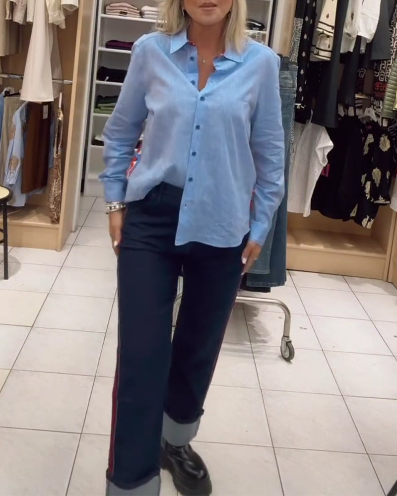 Skjorta Krage Lång Ärm Knäppning