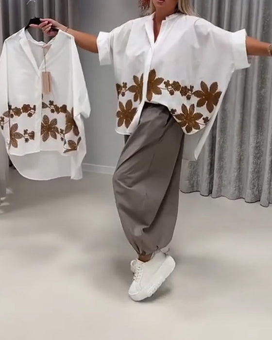 Blusar Blommig Tryck Mandarin Krage Lös
