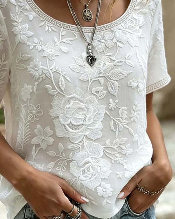 Blus Rundhalsad Broderad Spets Patchwork