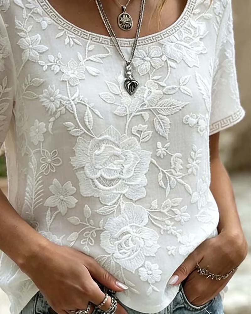 Blus Rundhalsad Broderad Spets Patchwork