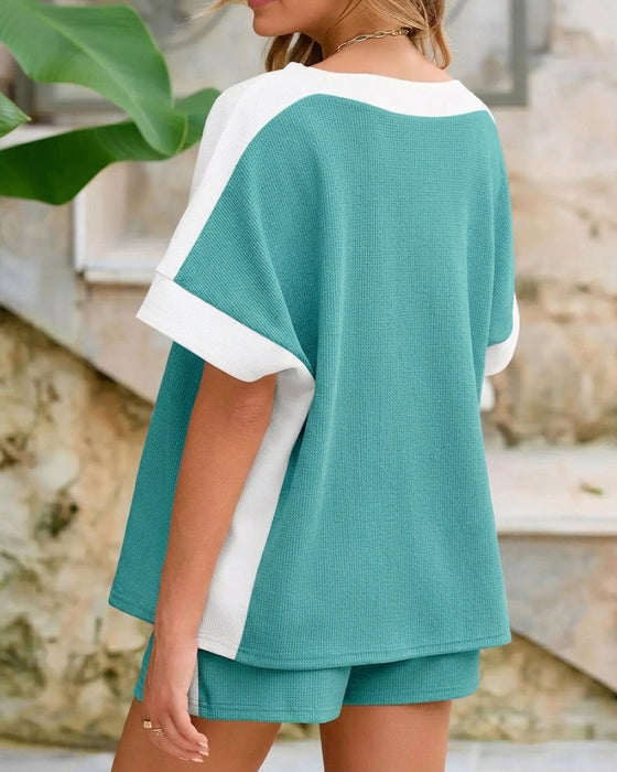 Set Färgblock Kort Ärm Shorts Avslappnad