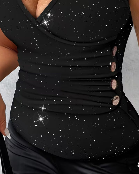 T-Shirt Sexig V-Ringning Metallknapp