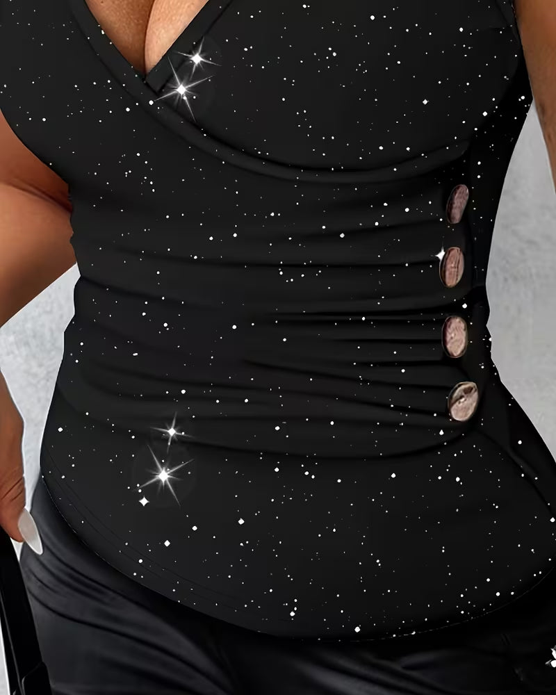 T-Shirt Sexig V-Ringning Metallknapp