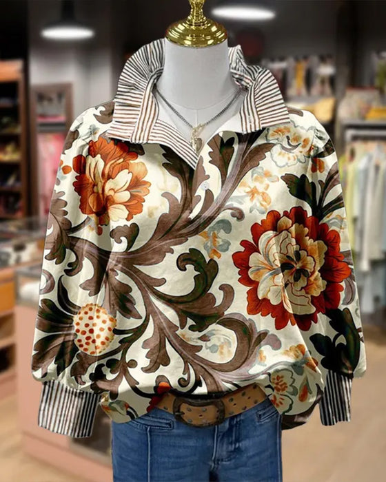 Vintage Blommig Lapptäcke Rand Krage Blus