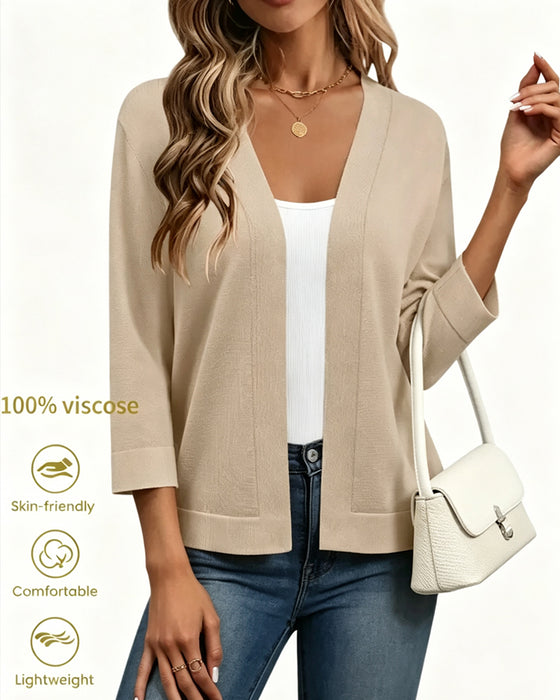 Cardigan Armbågslång Ärm Öppen Fram Stickad