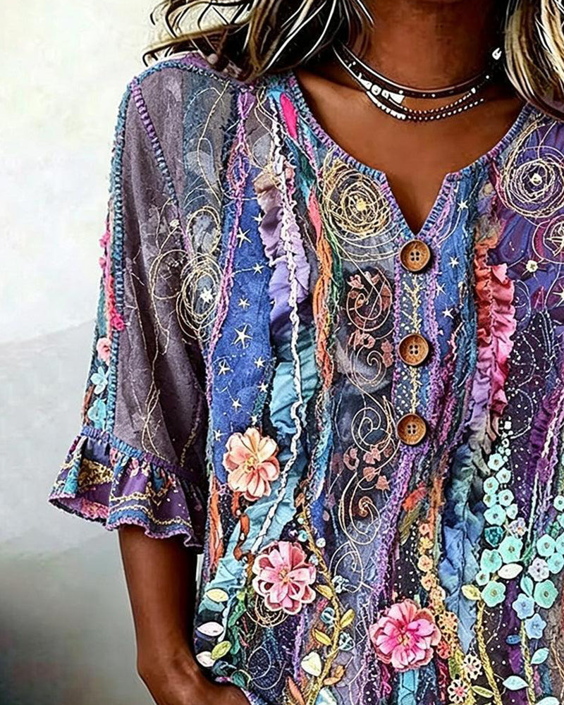Blus Retro Etnisk Stil