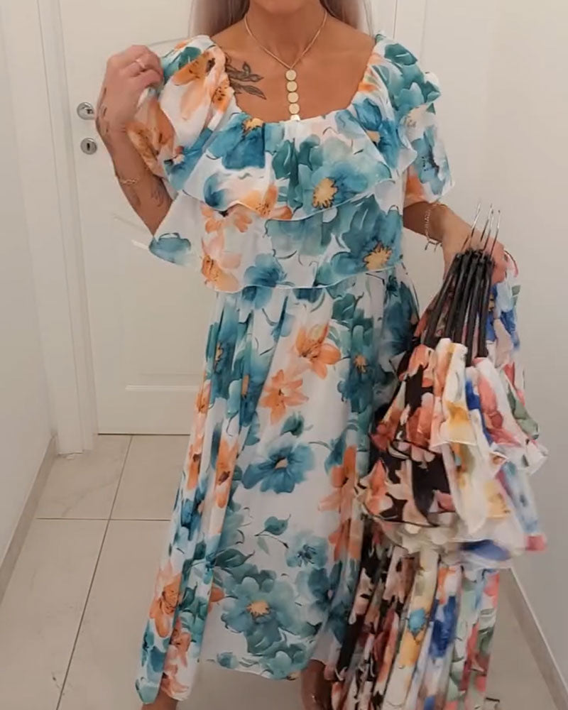 Klänning Akvarell Blommig Off-Axel Tårta Lång