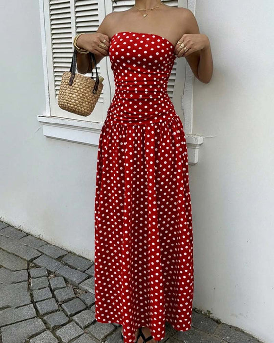 Klänning Prickig Bandeau A-Linje Lång