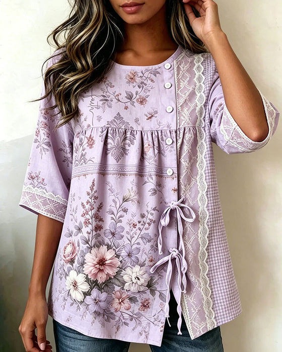 Blus Retro Blommönster Avslappnad