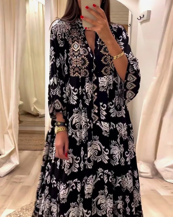 Vintage lös klänning med tryck och veckad