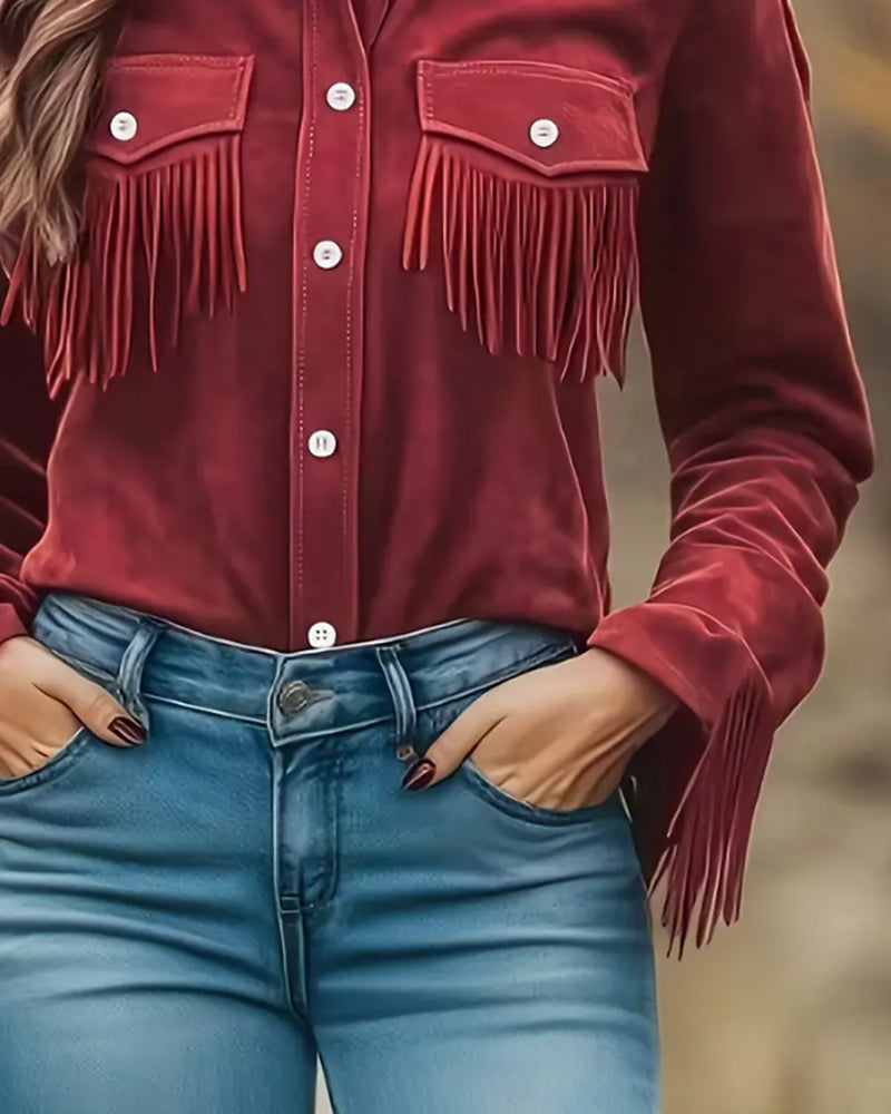 Skjorta Med Lapel Krage, Fransfickor Detalj Och Modern Skärning