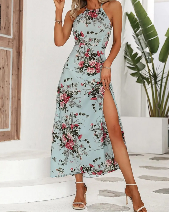 Klänning Halterneck Slits Midjevikt Blommig
