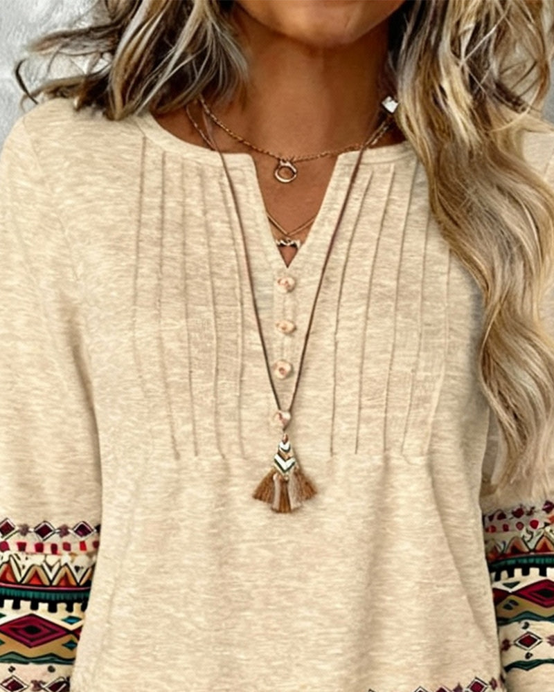 Långärmad Tryckt Topp Med V-Ringning