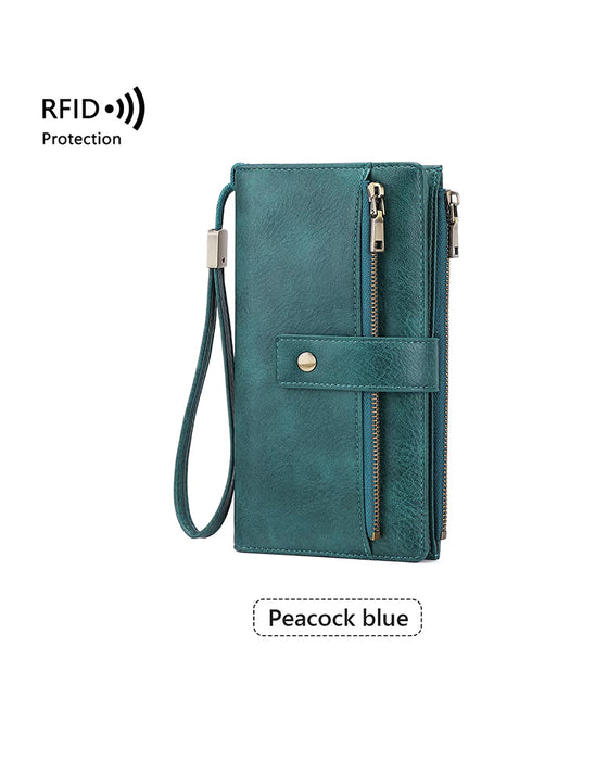 Dams långplånbok, snygg clutch, elegant enfärgad läderplånbok med RFID-skydd👛