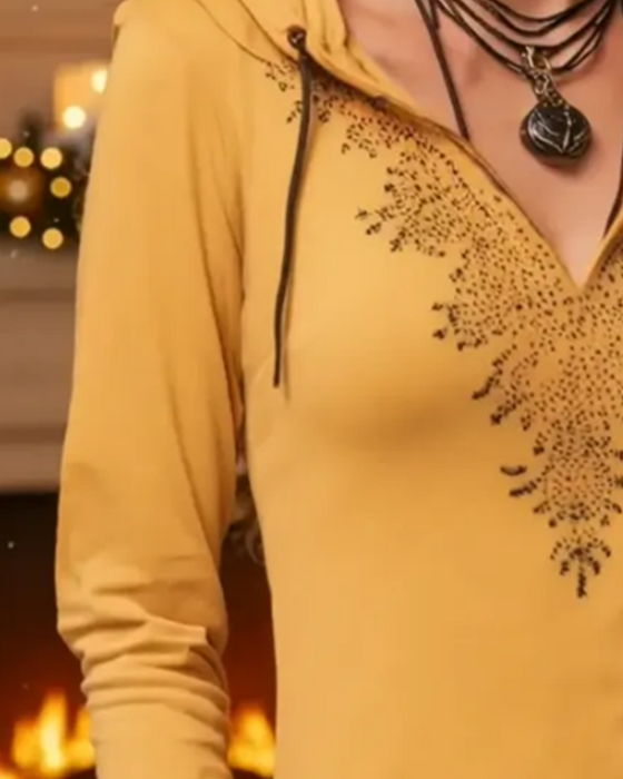 Topp Med Huva Casual Långärmad Tryckt