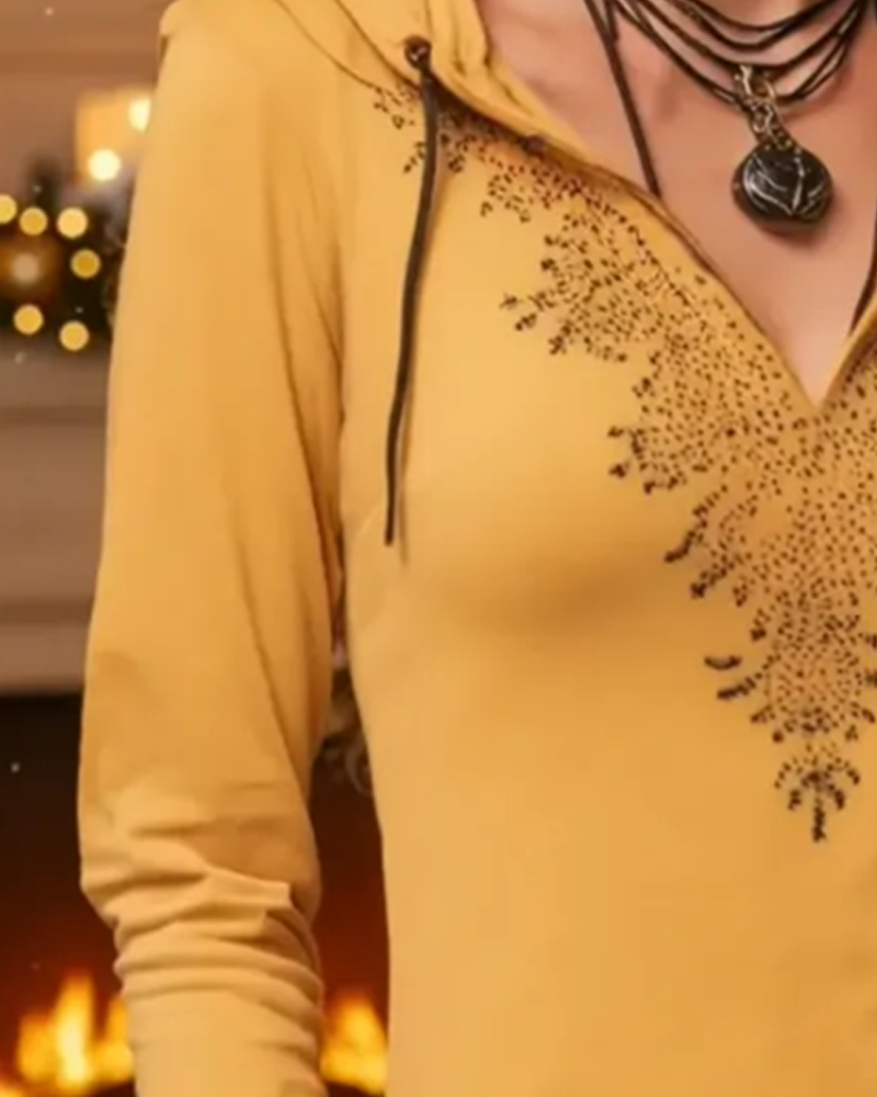 Topp Med Huva Casual Långärmad Tryckt