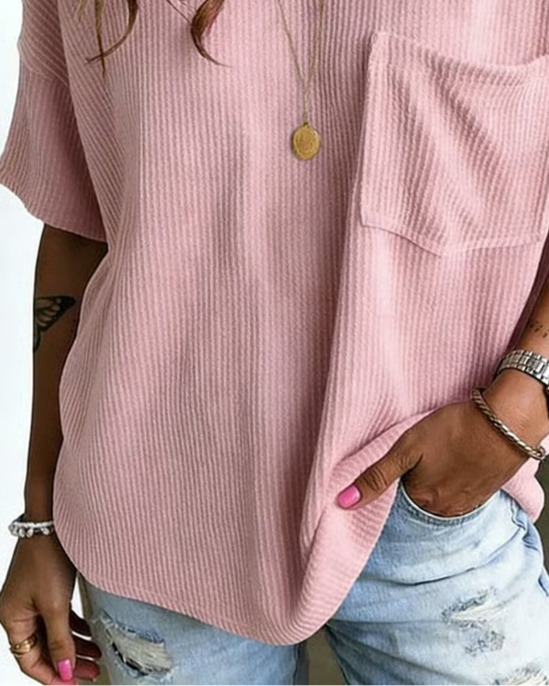 T-Shirt Ribbad V-Hals Ficka Kort Ärm