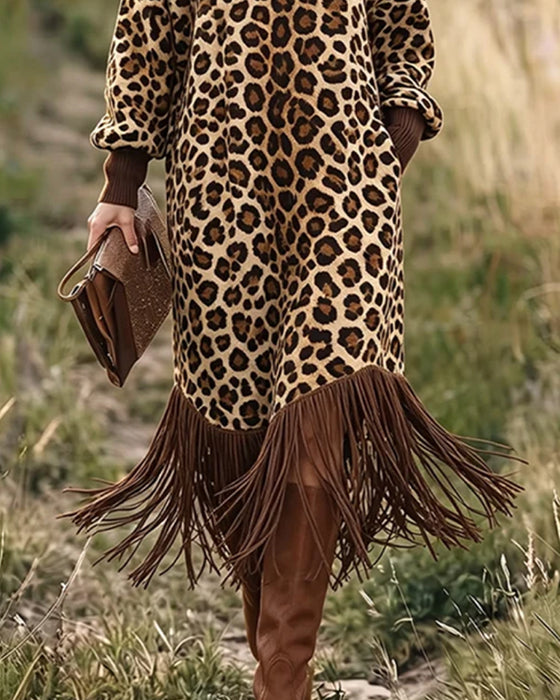 Klänning Leopard Tryck Finskörtad Lykta Ärm