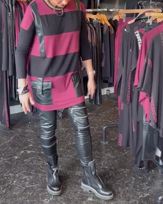 Topp med rund hals i ficksömmar i kontrastfärg