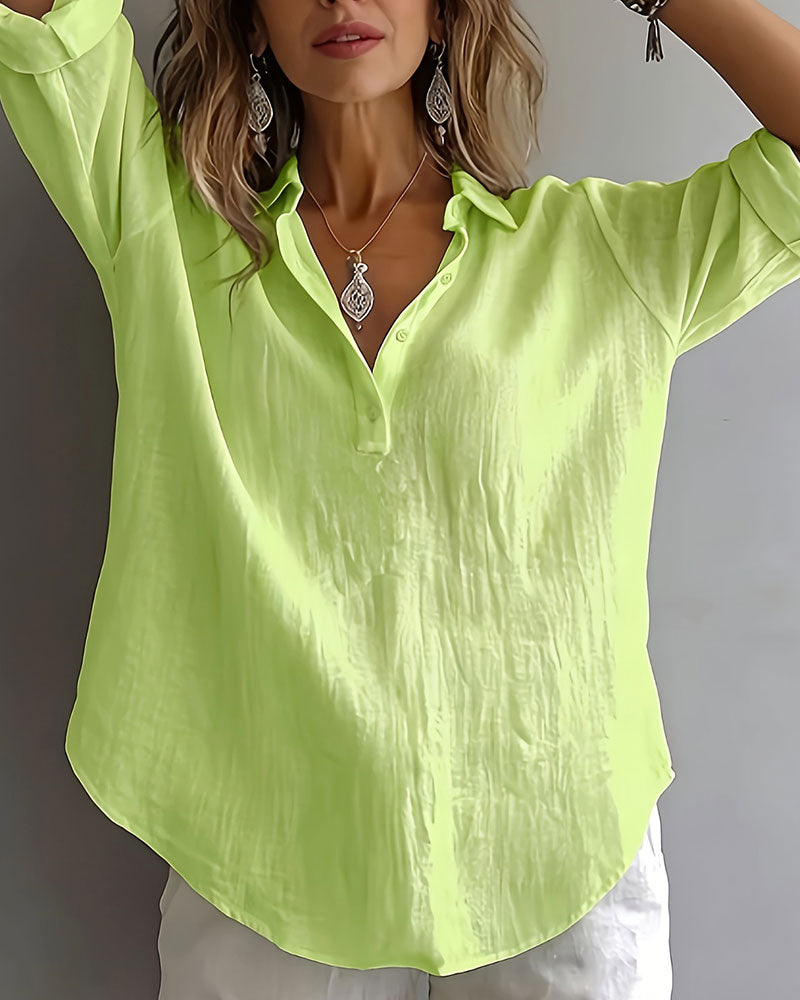 Blus Enfärgad Krage Halvknäppning Långärmad