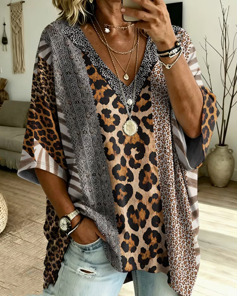 Topp Leopardmönster Patchwork V-Hals Avslappnad