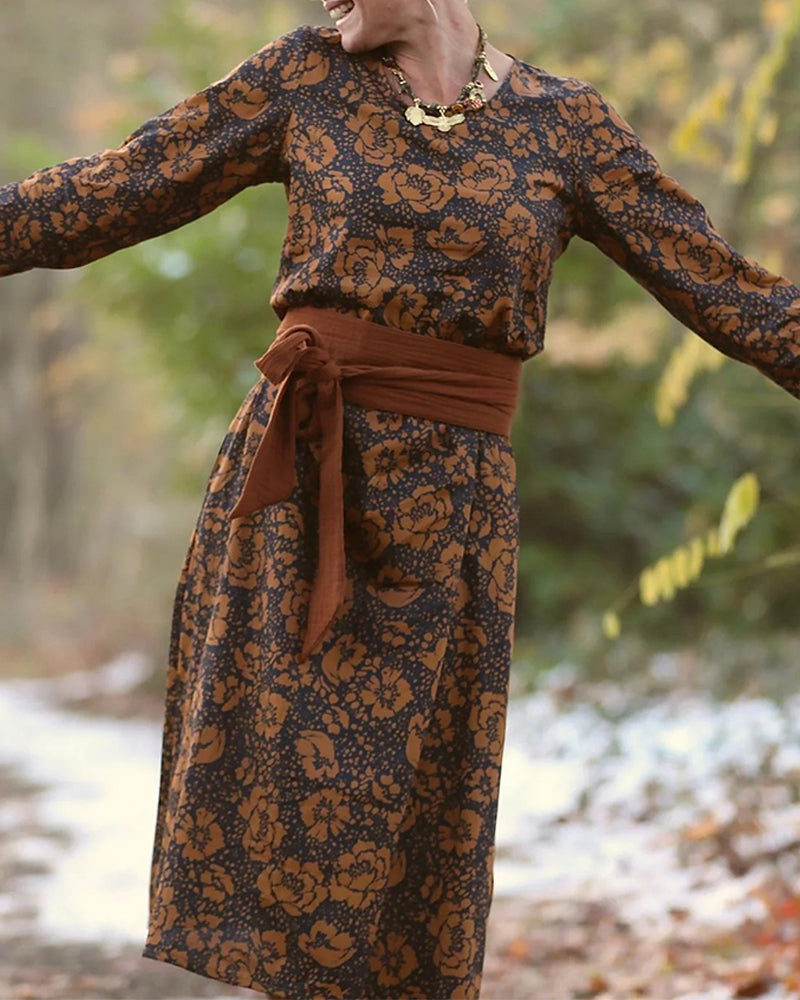 Klänning Blommigt Mönster Rund Hals Lös Passform