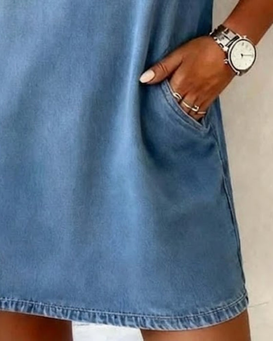 Klänning Denim V-ringning Kortärmad Shift