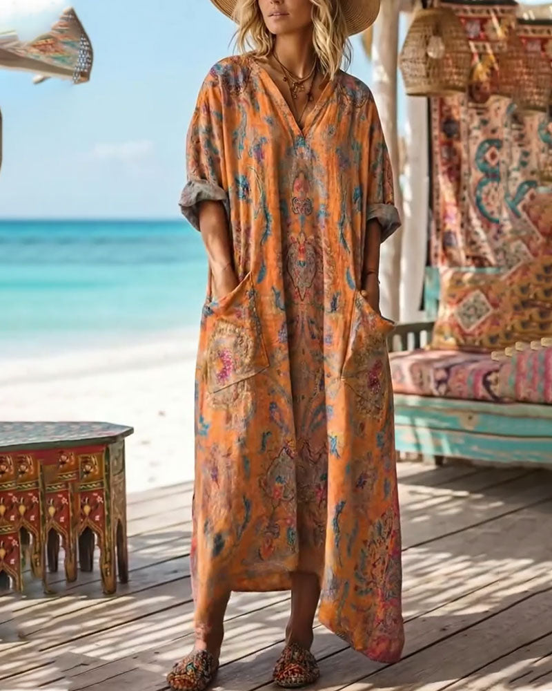 Klänning Retro Blommigt Tryck V-ringning Maxi