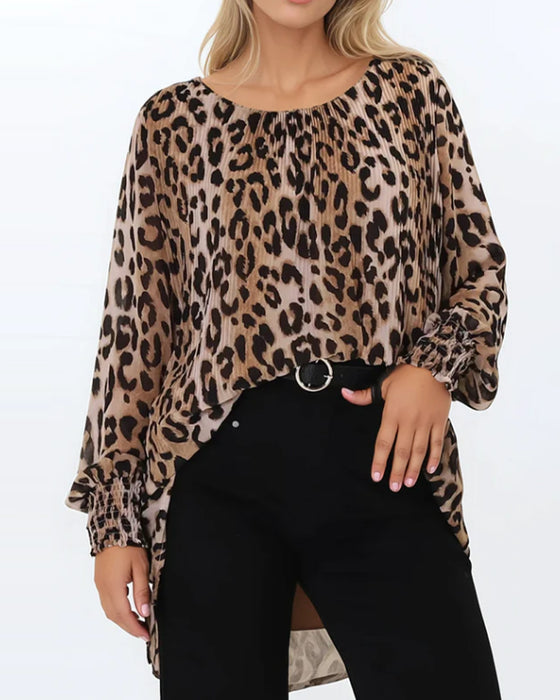 Blus Rund Hals Leopard Oregelbunden Lykta Ärm