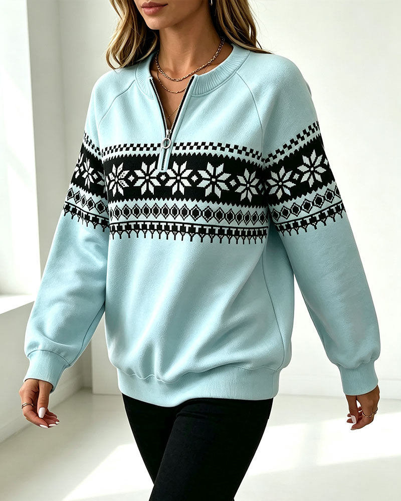 Sweatshirt Snöflinga Tryckt Halv-Zip