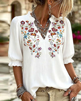 Blus Ruffle Trim Tryck Casual
