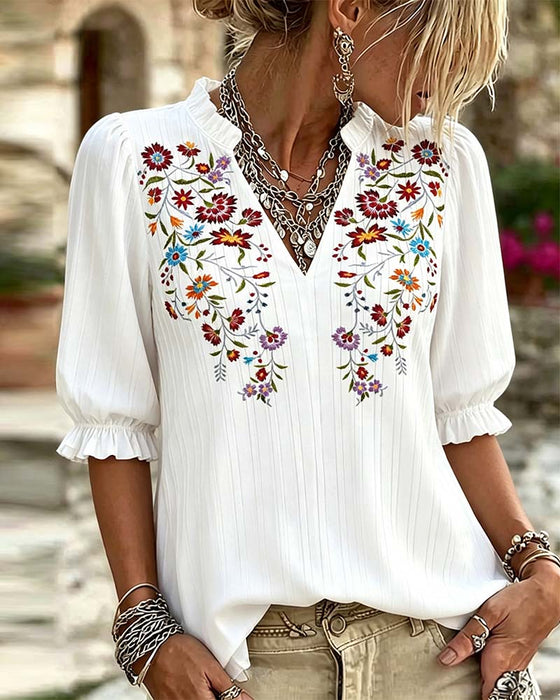 Blus Ruffle Trim Tryck Casual