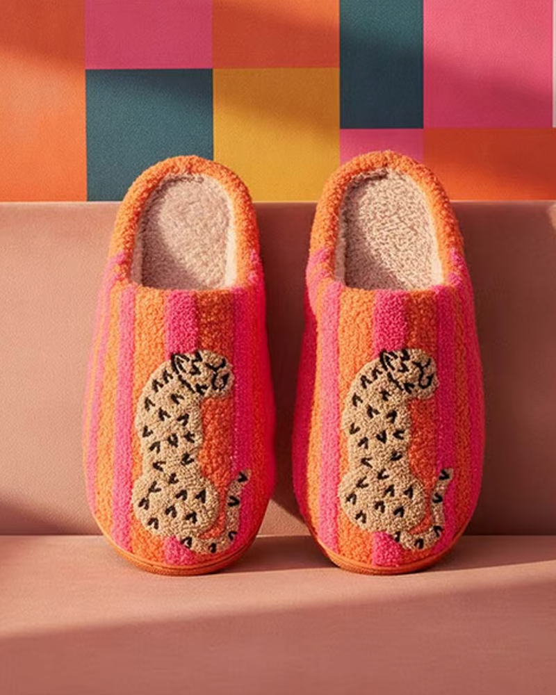 Dam Retro Randig & Leopard Luddig Tofflor