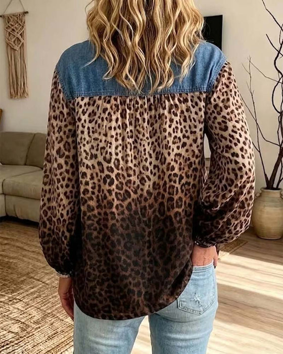Topp Denim Patchwork Leopardtryck Långärmad