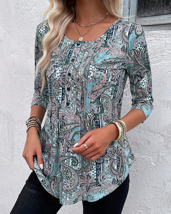 Blus Trekvartsärm Vintage Tryck