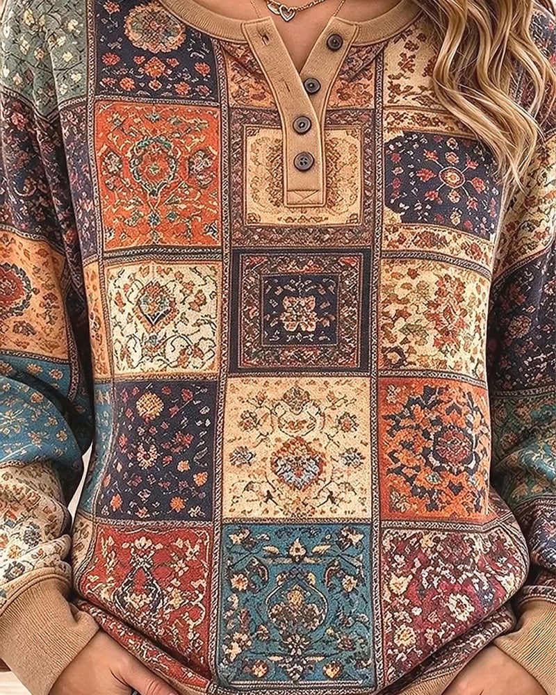 Sweatshirt Rund Hals Knappad Rutmönster Kontrast