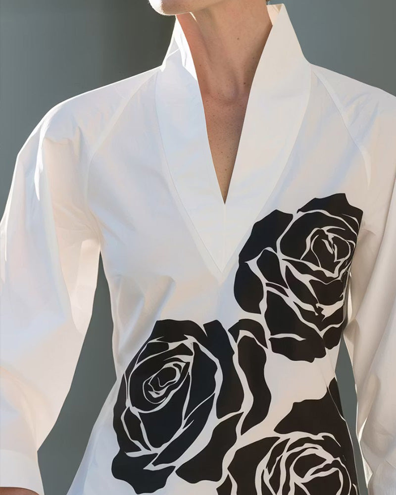 Blus V-Hals Blommig Tryck