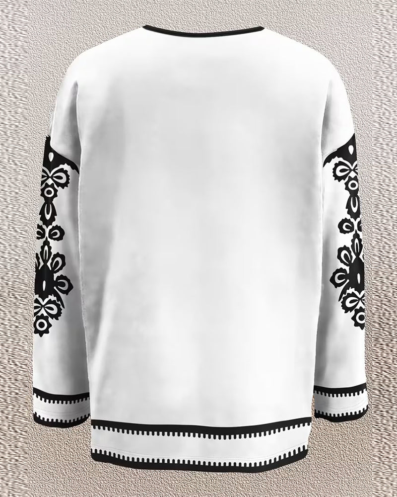 Färgblockad V-ringning Mönstrad Långärmad Topp