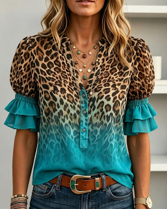 Leopardmönstrad V-Hals Gradient Rynkad Blus