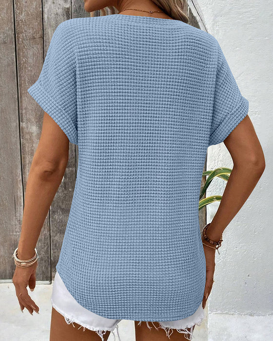 T-Shirt Dam Våffelstickad V-ringning Casual Sommar