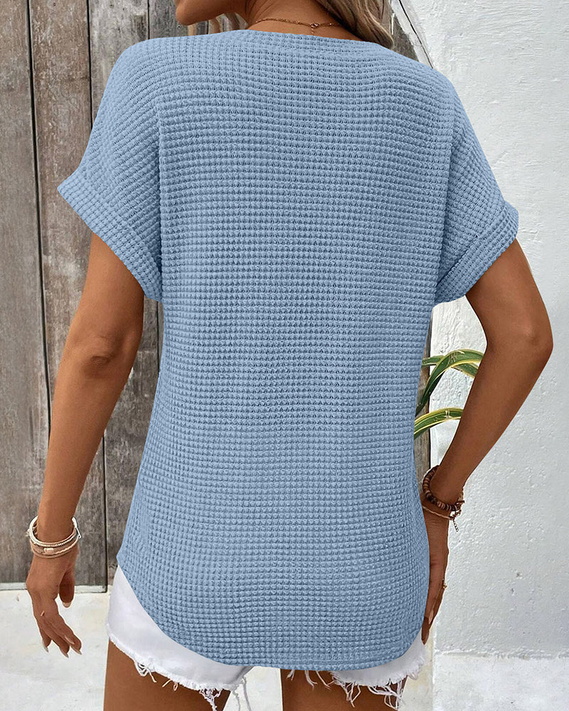 T-Shirt Dam Våffelstickad V-ringning Casual Sommar