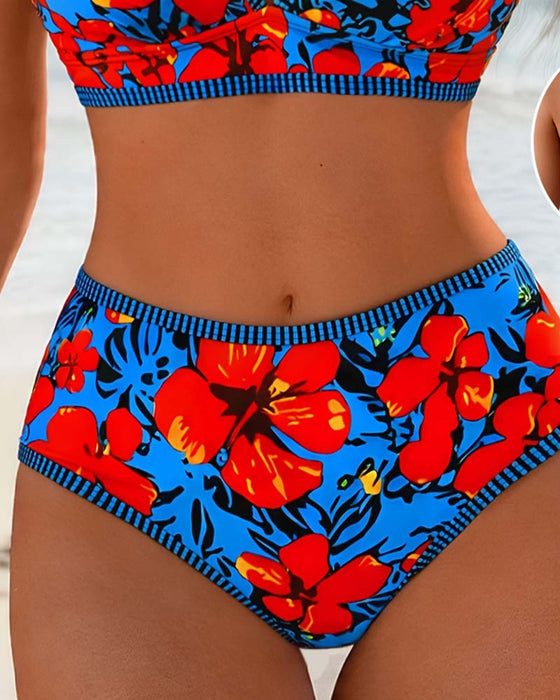 Bikini Blommig Djup-V Hög-Midja