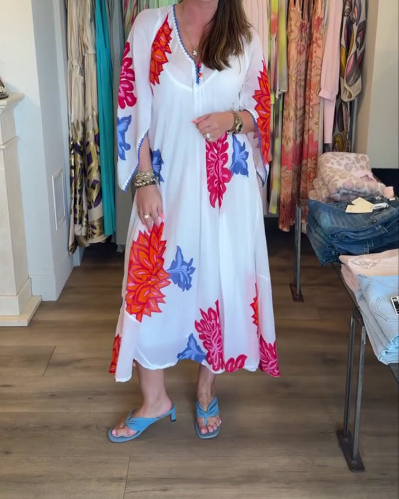 Klänning Färgglad Stor Blommig Lössittande Lång