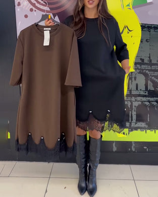 Klänning Elegant Spets Skarvad Rund Halsringning