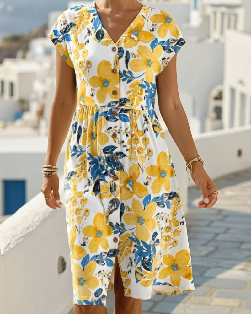 Klänning Blommönstrad V-Ringad Kort Ärm