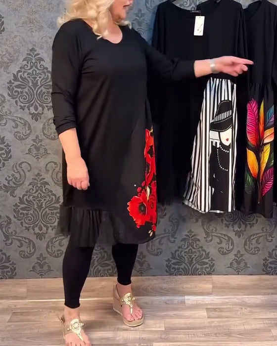 Vardagsklänning med skarvad mesh med blommigt tryck