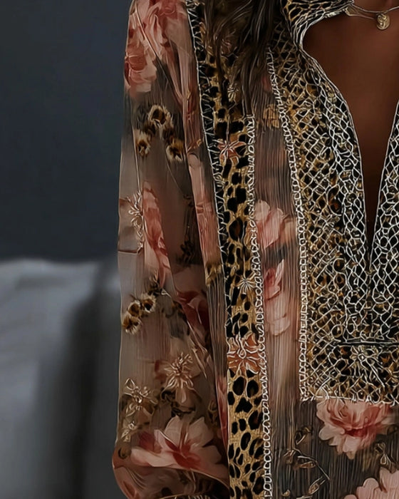 Blus Blommig Leopard Långärmad