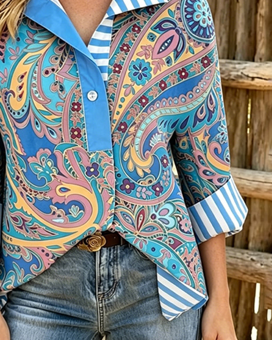 Blus Patchwork Blommig Tryck Casual
